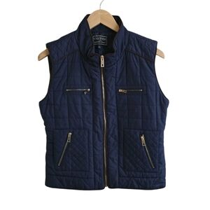 C' Est toi Women's Navy Blue Four Pocket Quilted Vest. Size Large